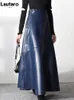 Lautaro Autumn Long Black A Line Soft Faux Leather Skirt Women High Waist Blue Stylish Maxi Skirts Korean Fashion Clothing 220322