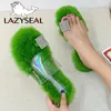 Lazyseal Crystal Diamonds Slipper Echt Bont Thuis Pluche Schoenen Indoor Pluizige Sliders Transparant Open Teen Harige Flats Y200106 GAI GAI GAI