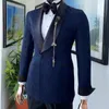 Men's Suits & Blazers Navy Blue Jacquard Men With Double Breasted Shawl Lapel Groom Tuxedo For Wedding Prom 2 Piece Male Blazer Pants 2022Me