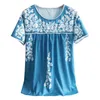 女性のためのブラウスドレッシーエレガントな夏のカジュアルスタイルサマーラウンドネックレーストリムフローラルプリントシャツ短袖トップミュージャーL220705