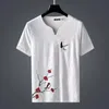 Men's T-Shirts High End Luxury Plum Blossom Swallow Embroidery Short Sleeve Men's Summer Loose Large White V-Neck T-shirt TopMen's Mild2