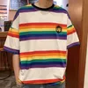 Ebaihui T-shirts Japanska Kortärmad Slå Färg Randig Stitching Top Tees Unisex Loose Casual Andas Bomull O-Neck T-shirt Toppar M-4XL