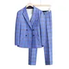 Autumn new men's suits solid color casual slim business sky blue large size double-row two-button two-piece suit