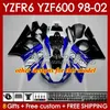 Kroppsram för Yamaha YZF-600 YZF R6 R 6 600cc YZFR6 1998 1999 00 01 02 BOODYWORK 145NO.8 YZF 600 CC COWLING YZF-R6 98-02 YZF600 98 99 2000 2001 2002 FAIRING KIT Blue White Blk