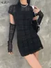 Klalien 2022春ファッションシンプルな格子縞のパッチワーク若いスタイルのドレス女性カジュアルストリートスリムオフィスレディブラックミニドレス220317