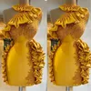 Robe de bal de forme sirène dorée, sexy, plissée, à volants, col haut, tenue de soirée, tenue de soirée, pour occasions spéciales