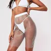 Shiny Sexy Sequin Fishnet Mini Skirt Festival Beach Elastic See Through Diamond Mesh High for Women 220322