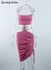 Jacuqeline Summer Holiday Sexy Halter Tops Midi Skirt Women Elegant Ruched Festival Clothing اثنين