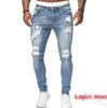 Erkek deliği yırtık skinny jeans erkekler moda renkli çizim kırışıklık jimpness kalem pantolon motorlu bisikletçi hip hop deni casu271k