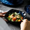 Keramiska middagsplattor och skålar Blå rätter kreativ japansk retro ugnen ändrad bordsdukar Serveringsplatta Platos de Cena 220307