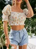 Floral smock holiday summer cotton tshirt women Casual puff short sleeve cute crop top Square collar fashion tees 220527