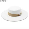 Franska damer White Bownot Satin Felted Fedoras Hat Women Banquet Elegant Formal Party Dress Cap 10cm Wide Brim Church Hat 2205147407776