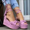 2022 New Heel Sandals Fuchsia Suede Patchwork Lace-up Wedding Shoes Women Platform Gladiator Pumps Women Sandals Y220409