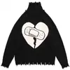 Turtleneck Sweater Men Heart-Shaped Bandage Letter Tassel Ripped Knitted Pullover Loose Vintage High Street Punk Jumper Winter T220730