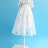 Kjolar Sommar Vintage Elegant koreanskt mode Fe Sweet White Rose Blommig Hög midja Puffy Tyll Lång midikjol 3-6XL Maxi ChubbySkirts