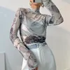 Karrram Dolcevita Camicetta in maglia Donna Stampa rinascimentale Manica lunga Vedi attraverso Top Ladies Sheer Designer Top Abbigliamento Autunno 220516