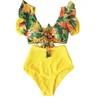 2022 Flounce Biquini Badkläder Hög midja Ruffled Sexig bikini Set Floral Beachwear V-ringad baddräkt Kvinnor Två stycken Baddräkt