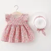 Vestidos para meninas nascidos vestido de bebê menina floral babado princesa algodão sem mangas roupas infantis verão chapéu de sol vestido de verão 1 ano de aniversáriomenina