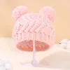 Solide kleur jacquard gebreide baby beanie cap schattige dubbele haarbal baby pasgeboren hoed buiten herfst winter kinderen warme pompom cap