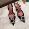 Amina Muaddi New Womens Sandals Leather Seled Sole High Cheels Black Pink Diamond Chain Decoration Banquet Women Wedding Sexy Slippers with Box No359