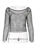 Sweetown Hollow Out See Through Sexy Slash Neck Fishnet Mesh T-Shirts Women Cute Club Outfits Off Shoulder Long Sleeve Crop Tees 220516