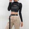 Kayotua T-Shirt Sexy Hip Hop Gothic Lady Micro Short Metal Chain Lace See-through Mesh Long Sleeve Turtleneck Tops 220516