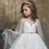 Białe sukienki z kwiatami sukienki klejnotowe szyi kulkowe koronkowe aplikacje Koraliki z łukiem dzieci dziewczyny