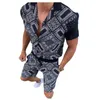 Summer Trendy Print Polos Shirt Tracksuits For Mens Short Sleeve Lapel Button Tshirts and DrawString Shorts Casual 2 Piece Set DS-1