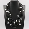 Kedjor smycken 6 strängar naturliga vita keshi pärlor svart fasetterad kristall halsband handgjorda multi mode smycken chains