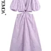 KPYTOMOA Kobiety moda kwiat haftowa poplin pusta sukienka midi vintage puff rękawa bez pleców sukienki żeńskie vestidos 220510