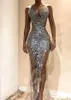 Lindo prateada sereia vestidos de baile 2022 sexy ver através de lantejoulas corpete split mulheres longas ocasião vestidos de noite feito sob encomenda feito
