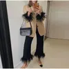 Feather Blazer Suit Two Piece Set Women Contrast Color Long Sleeve Top Straight Pants Suits Female Fashion Spliced Outfit 220727