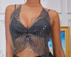 Women Shiny Rhinestones Backless Crop Tops Sexy Halter Fishnet Tank See Through Mesh Camisole for Night Out Party Clubwear Body Jewelry