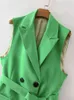 Women Long Green Vest With Belt Office Lady Suits 2022 New Fashion Simple V Neck Chic Female Jacket Office Lady Blazer L220725