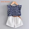 Beer leider zomer casual kinderen sets chiffon bloemen blauwe t-shirt broek meisjes kleding kinderen ingesteld voor 3-7 jaar 220326