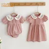 Kleinkind Baby Mädchen Gitter Stickerei Kleider Sommer Mädchen Baby Strampler Kleinkind Kinder Baumwolle Kurzarm Onepiece Strampler 220707