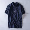 Bomull Linen Kortärmad Mens T-shirts Sommar Striped Slim Fit Collar T-shirt Man Kläder Plus Storlek 4XL Toppar Mäns Polos