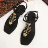 Sandálias Verão Plana Couro Flip-Flop Dourado Espinha de Peixe Design Senhora Confortável Gladiador Luxo Feminino Vestido de Festa Sapatos Fashionadle e elegante