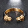 Złote stali nierdzewne głowica Lwa Otwórz bransoletki dla mężczyzn Elastyczne regulowane skórzane bransoletki męskie chłopcy akcesoria rąk Jewellery 5264421