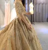 2022 Dubai Luxurious Golden Wedding Dress Princess Fairy Tale Bridal Ball Gown Long Royal Train Illusion Neck Vintage Glitter Sequins Bride Dresses Custom Made