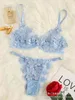 2022 Summer Sex Doll Women's 2-piece Butterfly Applique Embroidery Mesh Sexy Lace Cute Lingerie Set