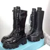 Women Knee Boots Rois Nylon Derby Martin boots With Pouch Battle Patent Leather Shoes Combat Boots Black Rubber Sole Platform Shoes NO49