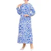 Vêtements ethniques robes Maxi élégantes pour femmes 2022 O cou à manches longues vêtements musulmans bleu imprimé taille serrée Boubou Robe ethnique