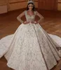 Luxurious Arabic Sequins Wedding Dresses Ball Gown With Long Train Full Sleeve Lace Sweetheart Bridal Dress Custom Made