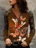 Women's T-Shirt Women's Fashion Butterfly Print Stitching Lace Long-sleeved Loose Pullover Tops Spring Sexy V-neck Zipper T-shirtWomen's