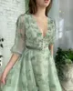 Festklänningar sevintage grön fjäril tyll prom v hals långa ärmar sammet bälte aftonklänningar formell klänning med fickor 2022 Party