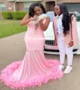 Luxury Nigerian Pink Mermaid Evening Dress Elegant Satin Prom Dresses With Feather For Black Girls Sleeveless Formal Party Wear Special Occasion Graduation Gowns