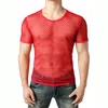 Seksowne niebieskie fishnet patrz przez T Shirt Men krótkie rękawowe Elastyczne przezroczyste siatkę