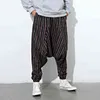 Calças listradas 2022 Summer Drop Crotch solto vintage boho calças masculino Harém de algodão Hip Hop Streetwear Wide Leg Pants L220706