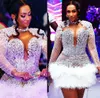 2022 Plus Size Arabic Aso Ebi Mermaid Lyxig kort bröllopsklänning Beaded Crystals Feather Brudklänningar Klänningar ZJ205
